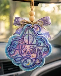 Handmade car freshie with the word Always in western cursive script, a scented aroma bead air freshener hanging from a car rearview mirror