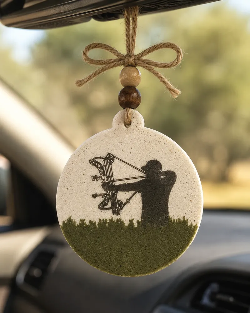 Handmade bow hunter freshie, a country-western scented aroma bead car air freshener shaped with an archery deer-hunting design, hanging from a rearview mirror.
