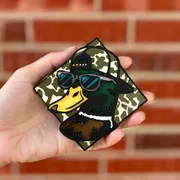 Handmade scented aroma bead car freshie air freshener shaped like a cool mallard duck head with black sunglasses and a backwards camo cap on a diamond camo background.