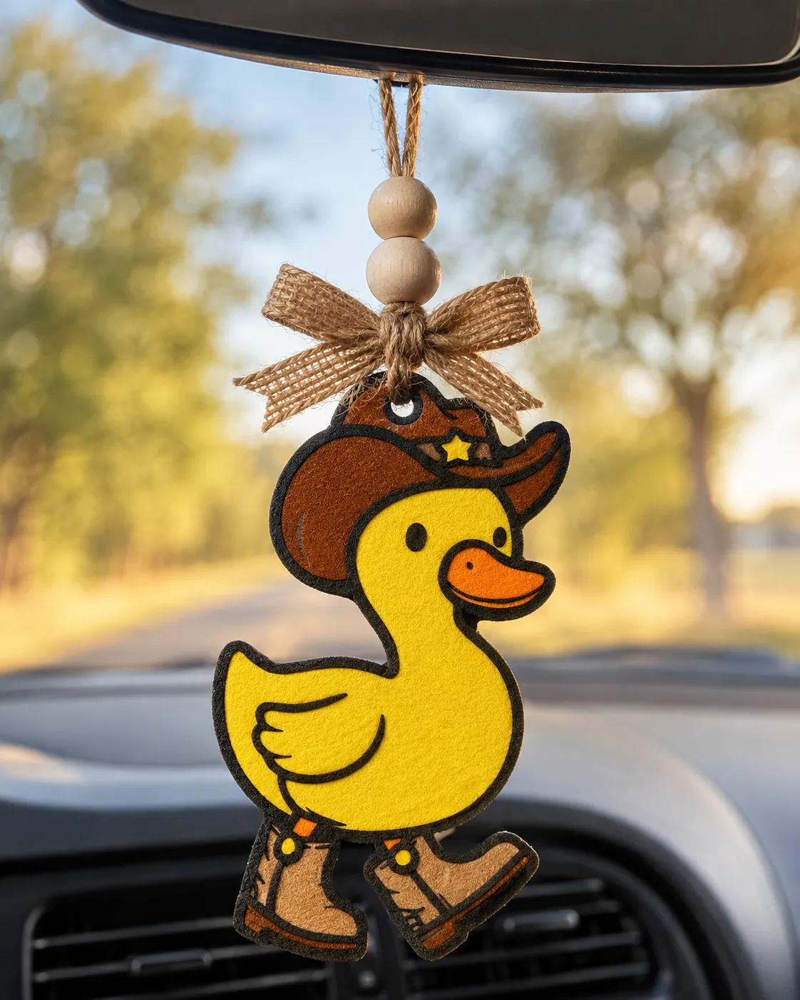 Handmade cowboy duck car freshie, a scented aroma bead air freshener shaped like a rubber ducky wearing a western cowboy hat, hanging from a car rear-view mirror.