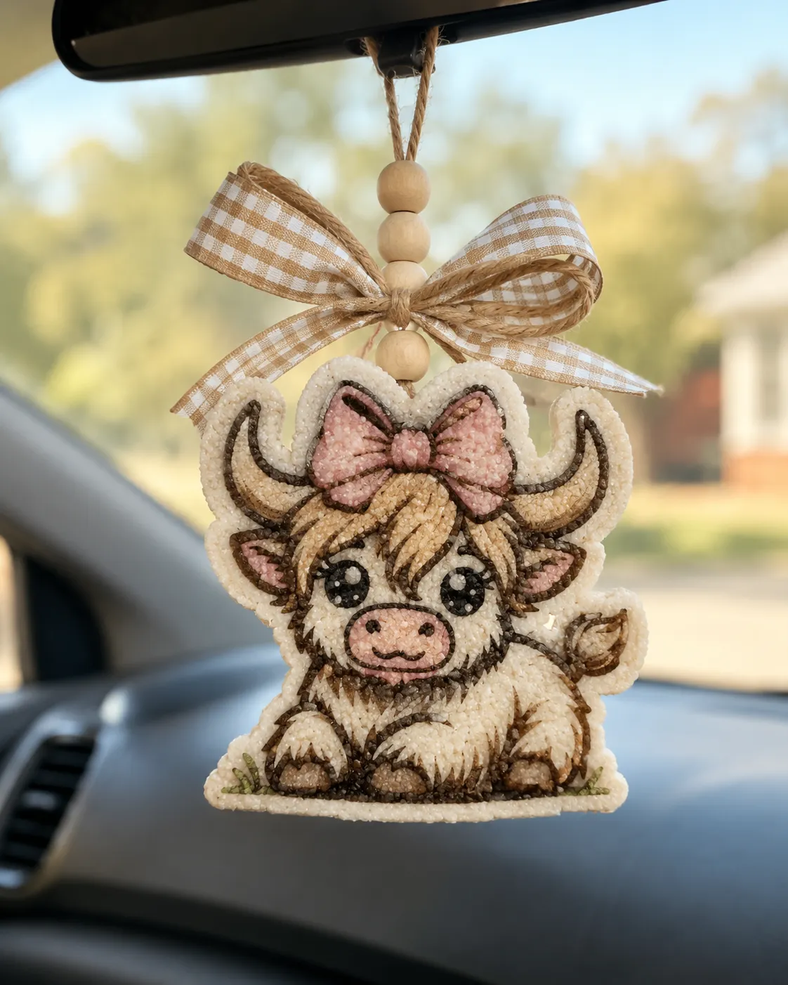 Handmade cute cow car freshie with a bow, a western country scented aroma bead air freshener hanging from a car rearview mirror.