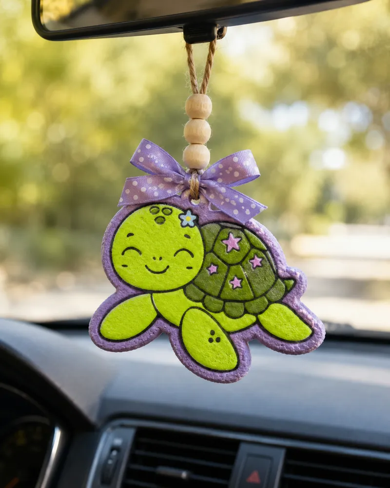Cute handmade sea turtle car freshie made from scented aroma beads, an ocean-themed novelty air freshener for hanging on a car rearview mirror.