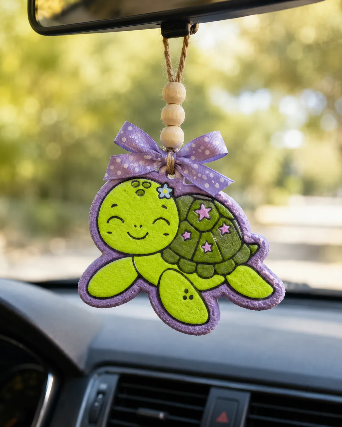 Cute handmade sea turtle car freshie made from scented aroma beads, an ocean-themed novelty air freshener for hanging on a car rearview mirror.