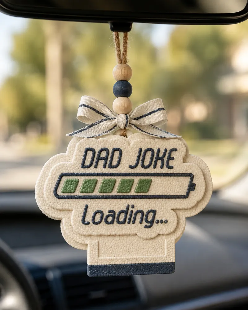 Handmade Dad Joke Loading car freshie shaped like a loading progress bar, a funny novelty scented aroma bead air freshener hanging from a car rearview mirror, ideal Father's Day gift for dad.