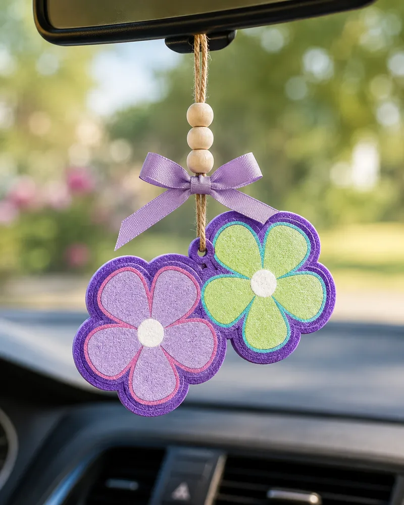 Handmade floral daisy-shaped flower car freshie made from scented aroma beads, clipped onto a car air vent as a boho country-style air freshener.