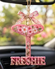 Handmade rear view mirror shaped car freshie scented air freshener made of colored aroma beads hanging in a car