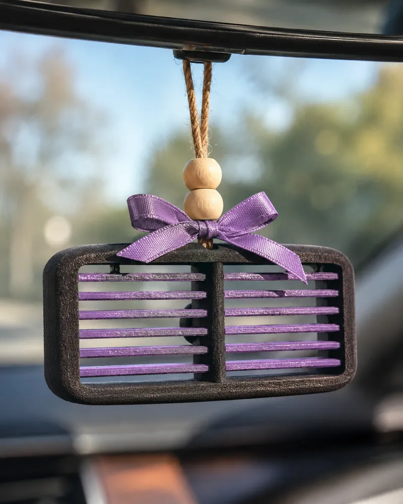 Handmade western country car vent freshie, a scented aroma bead air freshener clipped onto a car AC vent.