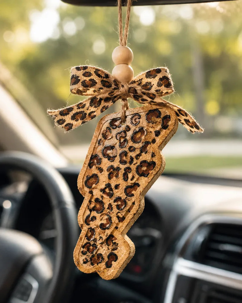 Handmade leopard print lightning bolt car freshie air freshener made of scented aroma beads, hanging on a Western boho style ribbon.