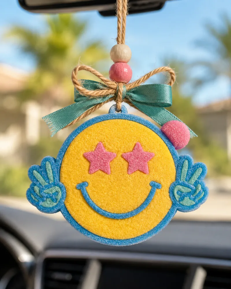 Retro smiley face and peace sign car freshie made from scented aroma beads, a groovy hippie-style hanging air freshener for cars.