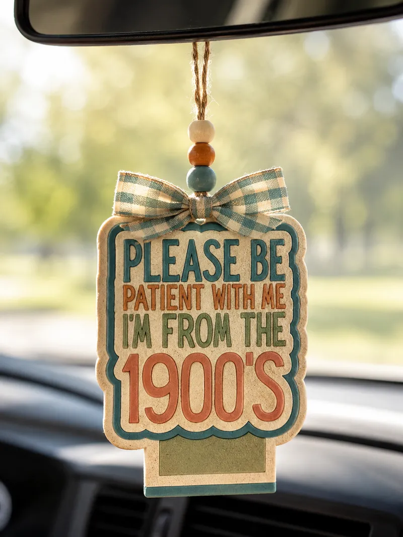 Handmade car freshie air freshener with the funny phrase "Please Be Patient With Me, I'm From the 1900s," a novelty scented aroma bead car accessory hanging from a rearview mirror.
