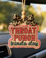Handmade boxing-glove shaped scented car freshie with funny "Throat Punch Kinda Day" text, a sarcastic aroma-bead car air freshener hanging from a rearview mirror.