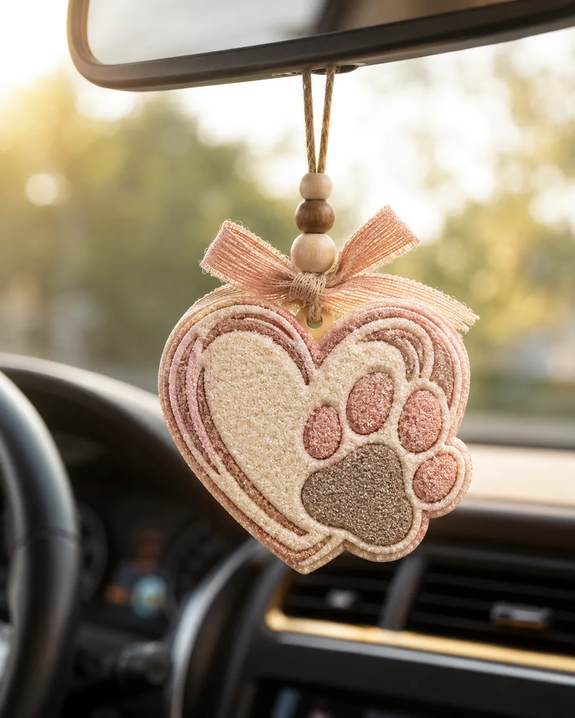 Handmade paw print inside a heart car freshie, a scented aroma-bead vent-clip air freshener for dog moms and pet lovers.