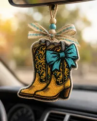 Handmade western cowgirl boots-shaped car freshie aroma bead air freshener hanging from a car rearview mirror, decorated in country boho western style.