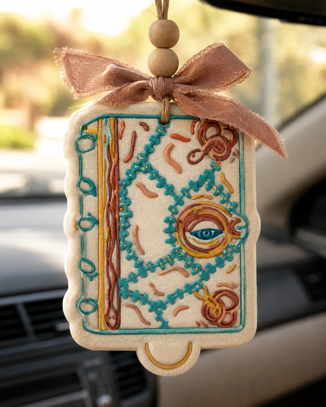 Handmade witch spell book shaped car freshie made of scented aroma beads in witchy gothic Halloween colors, hanging as a novelty car air freshener.
