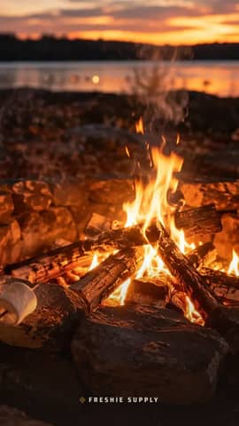 Marshmallow Fireside phone wallpaper preview: the Marshmallow Fireside scene with a small Freshie Supply mark at the bottom edge